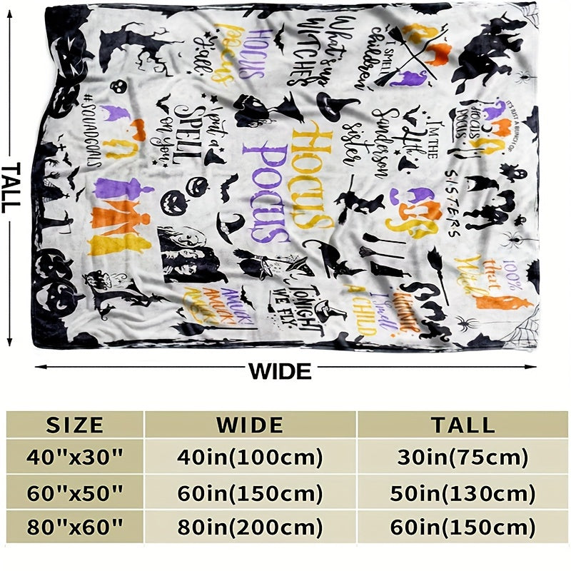Hocus Pocus Themed Flannel Throw Blanket - Contemporary Geometric-Patterned, Machine Washable, Hypoallergenic - Multipurpose, All Seasons Horror Decor with Digital Print for Couch, Bed, Travel - Polyester, Knitted, Soft Plush Fabric