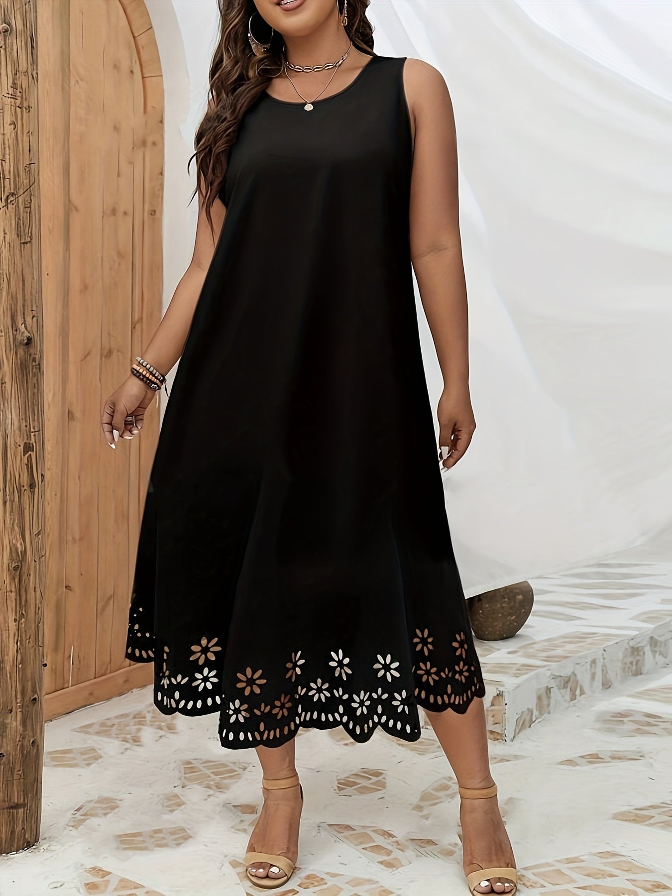 Plus Size Cutout Trim Tank Dress - Flattering Sleeveless Design, Breathable Fabric, and Comfortable Fit for Spring and Summer - Women's Casual Clothing for Warmer Weather