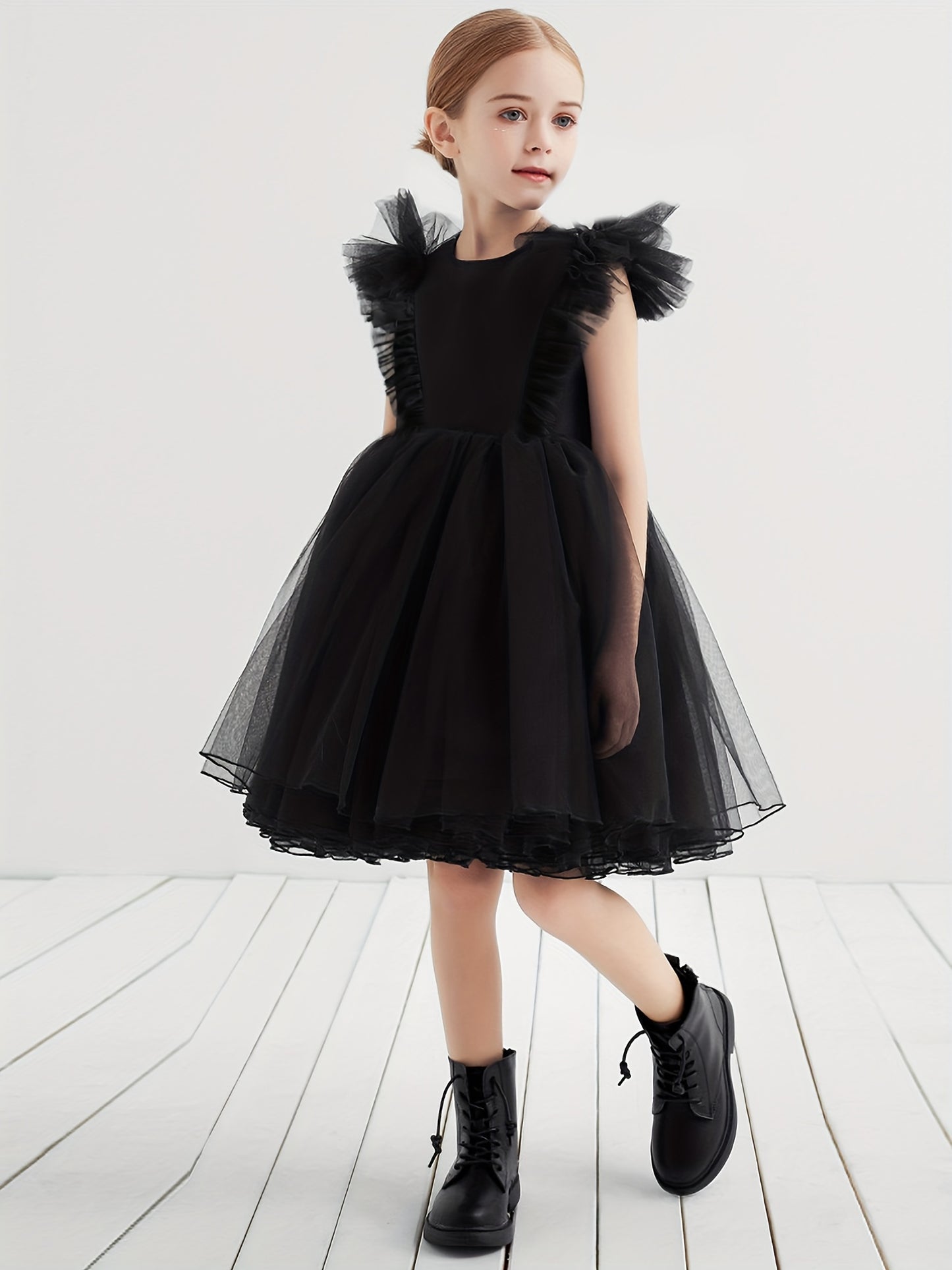 Elegant Fitted Princess Tutu Dress for Girls - Solid Color Non-Stretch Polycotton Mesh Material, Regular Fit, Hand Washable, Perfect for Party Performance and Gift - All-Season Wear, Woven Construction