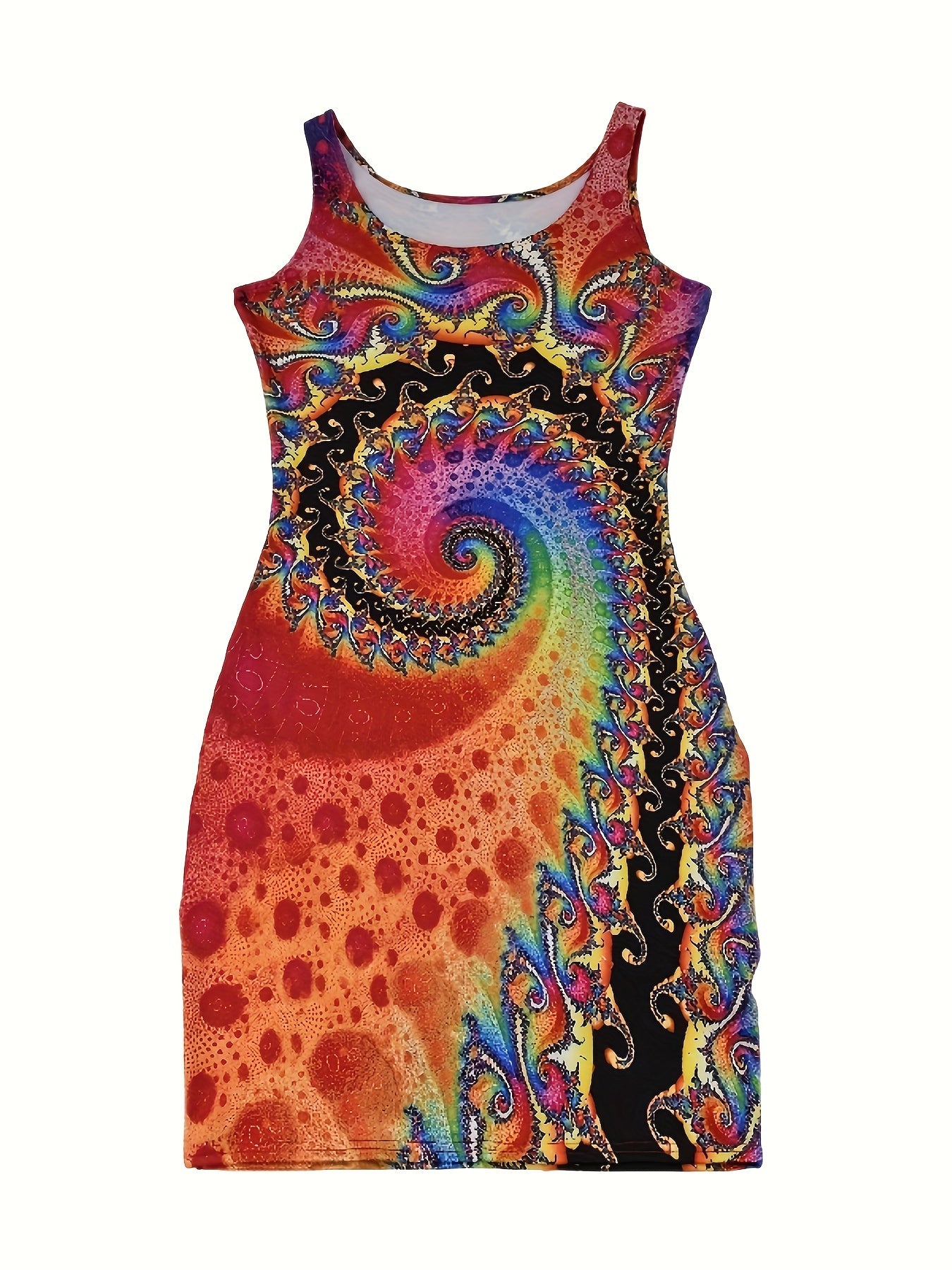 Flattering Abstract Print Sleeveless Tank Dress - Fashion-Forward Casual Style - Figure-Hugging Bodycon Fit - Perfect for Spring & Summer - Comfortable Crew Neckline - Womens Wardrobe Essential