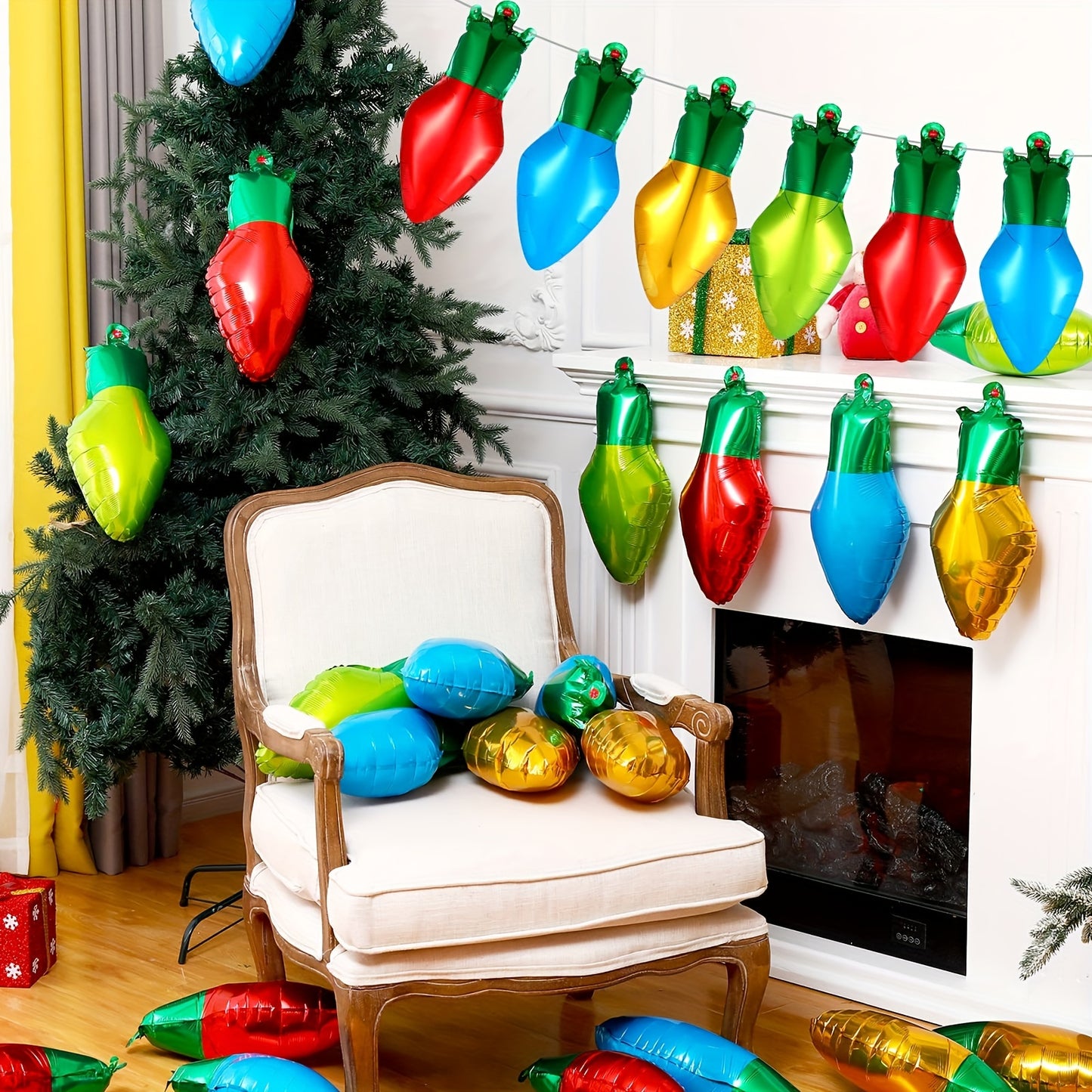60pcs Christmas Light Bulb Shaped Balloons - Inflatable Foil Xmas Decorations with 98 Feet Nylon Rope for Party Decor, Festive Holiday Celebrations, and Winter Wonderland Themes