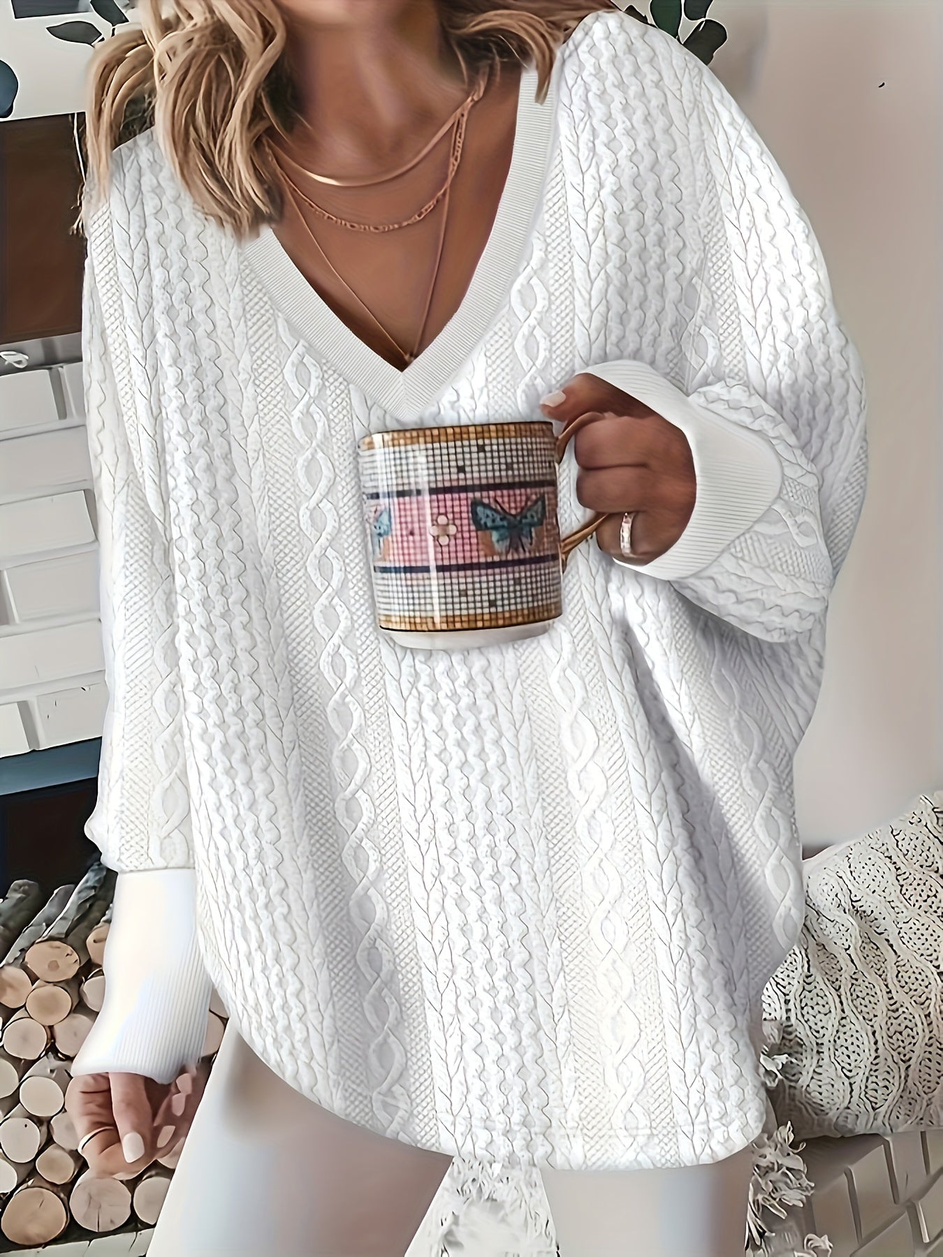 ZllKl Plus Size Casual Sweatshirt, Women's Plus Solid Cable Textured Long Sleeve V Neck Slight Stretch Pullover Top