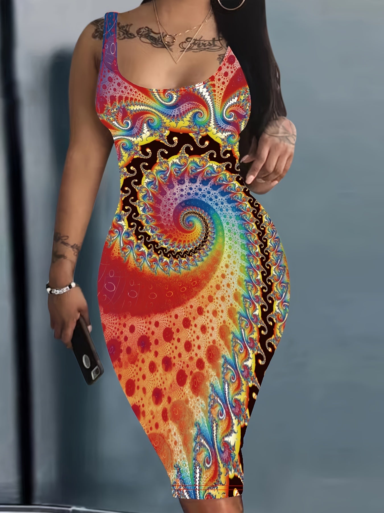 Flattering Abstract Print Sleeveless Tank Dress - Fashion-Forward Casual Style - Figure-Hugging Bodycon Fit - Perfect for Spring & Summer - Comfortable Crew Neckline - Womens Wardrobe Essential