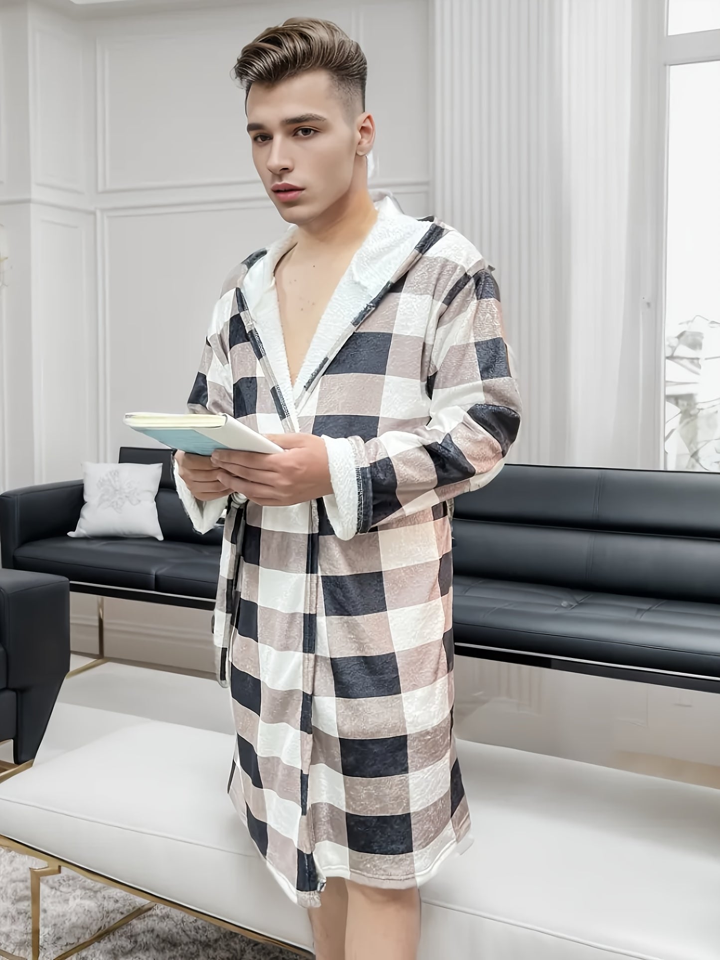 Men's Comfy Plaid Prints Fleece Warm Robe For Home Pajamas Wear One-piece Lace Up Kimono Night-robe Sets After Bath