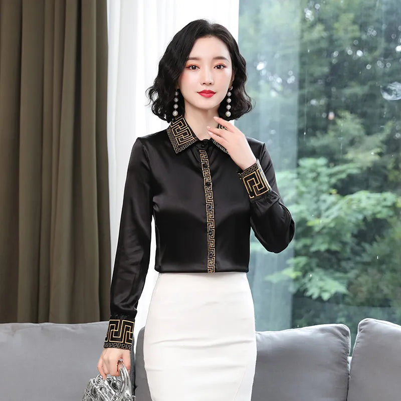 Luxury Designer Print Classic Satin Shirt Plus Size Women Fashion Long Sleeve Button Front Shirts Spring Autumn Ladies Runway Lapel Blouse Elegant Silk Tops