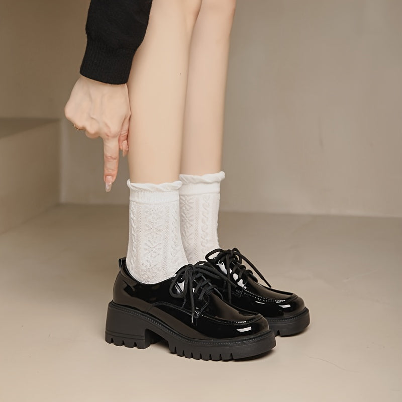 Stylish Womens Square Toe Platform Oxfords - Non Slip Rubber Soles, All-Match Black Lace Up Shoes with Man Made Materials and Comfortable Insoles for Spring Season