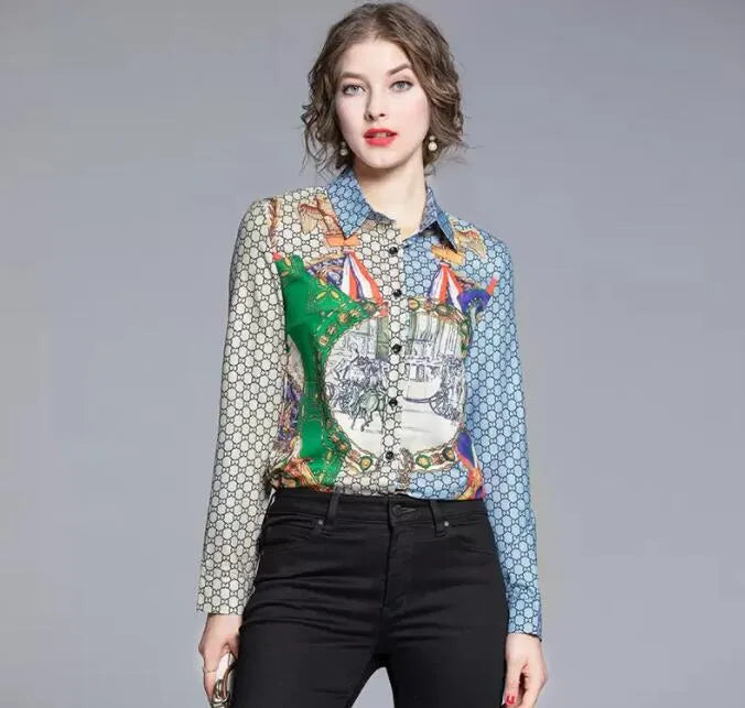 Designer Printed Black Shirts Women Runway Button Shirt Office Ladies Ribbon Bow Blouses Slim Fit Stylish Luxury Tops