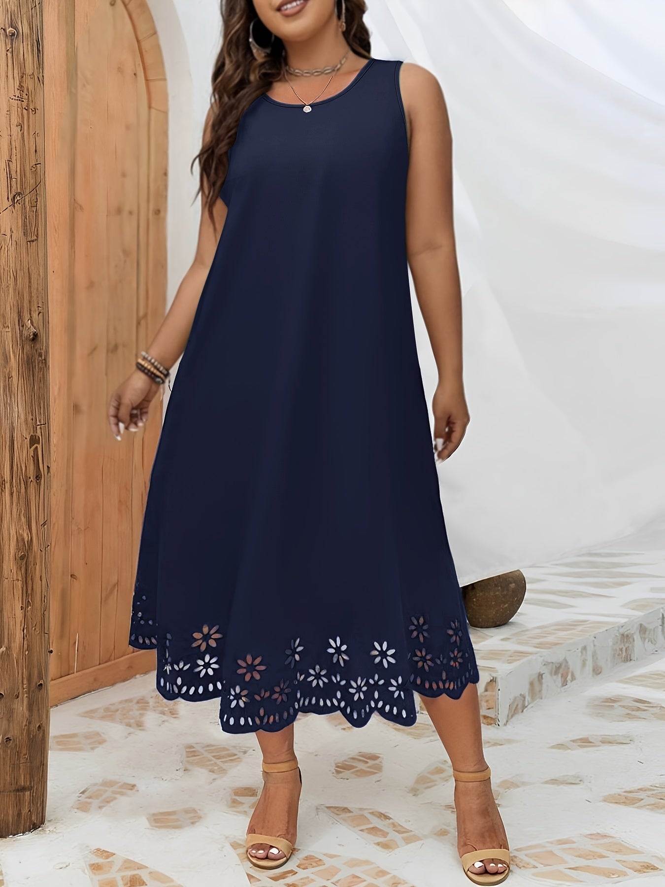Plus Size Cutout Trim Tank Dress - Flattering Sleeveless Design, Breathable Fabric, and Comfortable Fit for Spring and Summer - Women's Casual Clothing for Warmer Weather