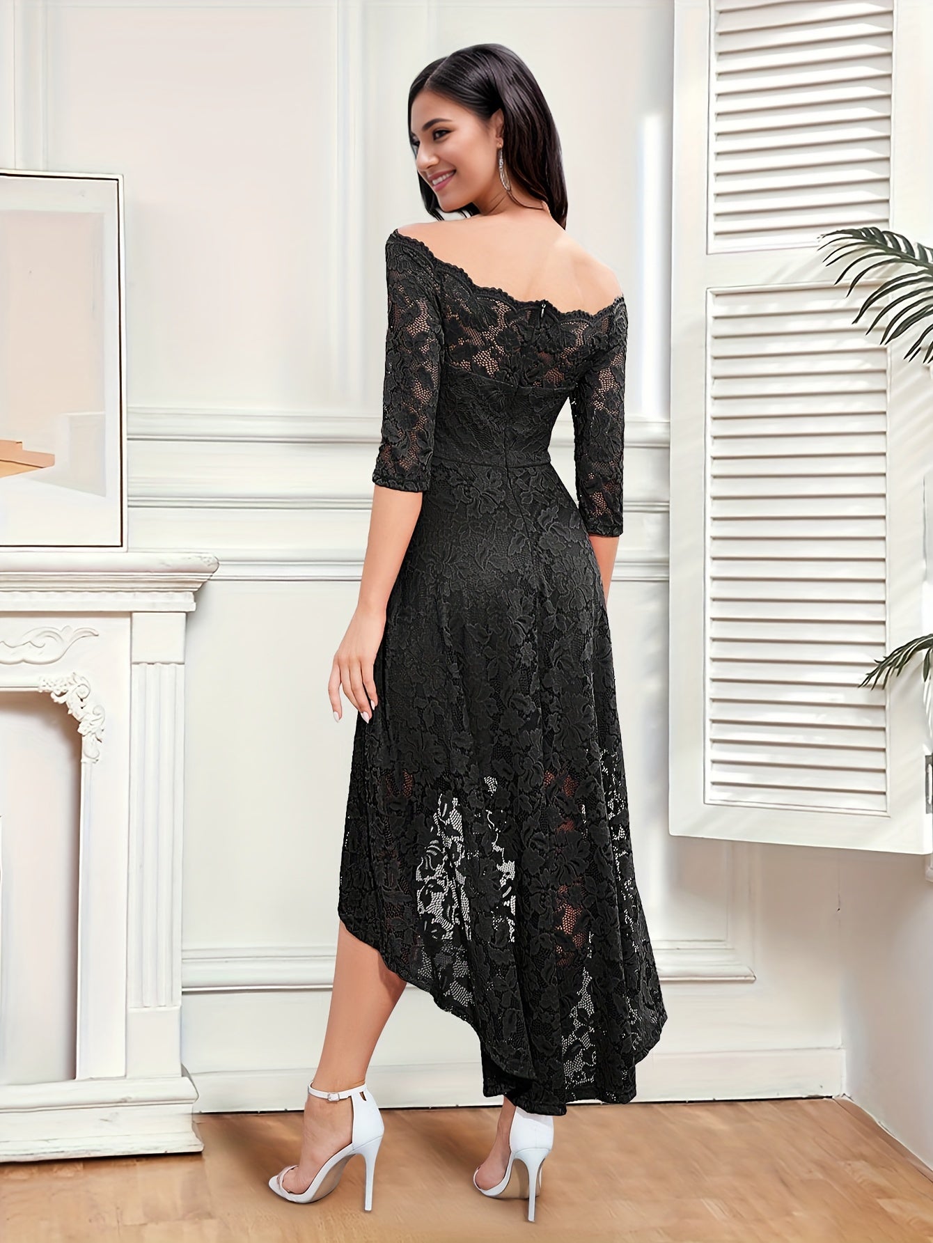 Elegant Off the Shoulder Lace Stitching Pendulum Dress - Micro Elastic Polyester, Half Sleeve, High-Low Hem, Solid Color, Hand Washable - Perfect for Wedding, Party, Banquet, and Engagement Occasions