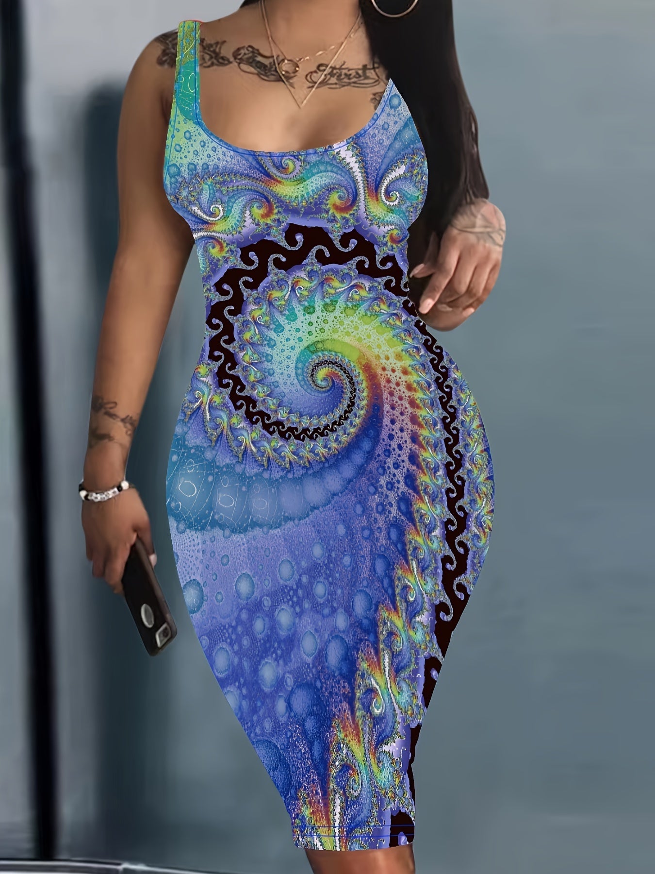 Flattering Abstract Print Sleeveless Tank Dress - Fashion-Forward Casual Style - Figure-Hugging Bodycon Fit - Perfect for Spring & Summer - Comfortable Crew Neckline - Womens Wardrobe Essential
