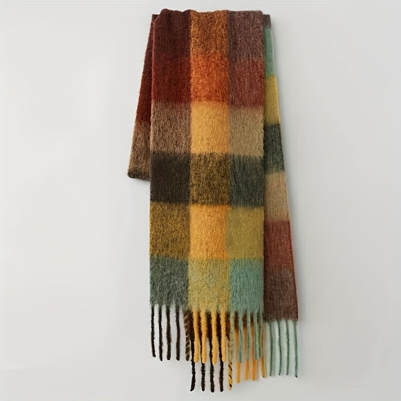 Autumn Winter Rainbow Color Boho Plaid Tassel Chunky Scarf - Soft Imitation Mohair, Eye-Catching Tassel Details, Thick and Plush Design, Long Stylish Neckerchief - Vibrant Shawl for Cold Weather