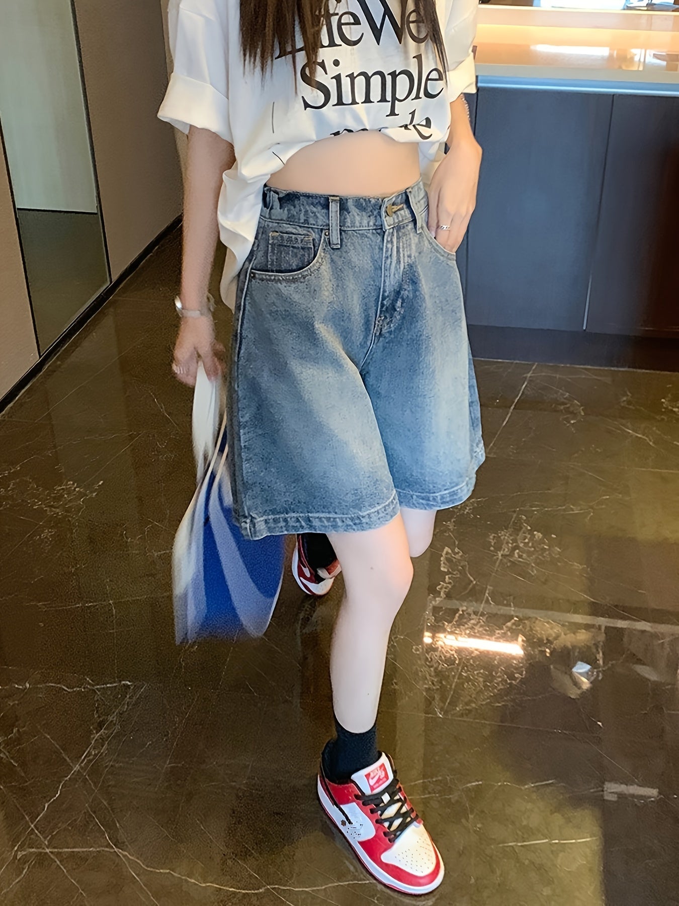 ZllKl High Rise Plain Washed Denim Shorts, Slash Pocket Cuffed Loose Fit Denim Jorts, Women's Denim Jeans & Clothing