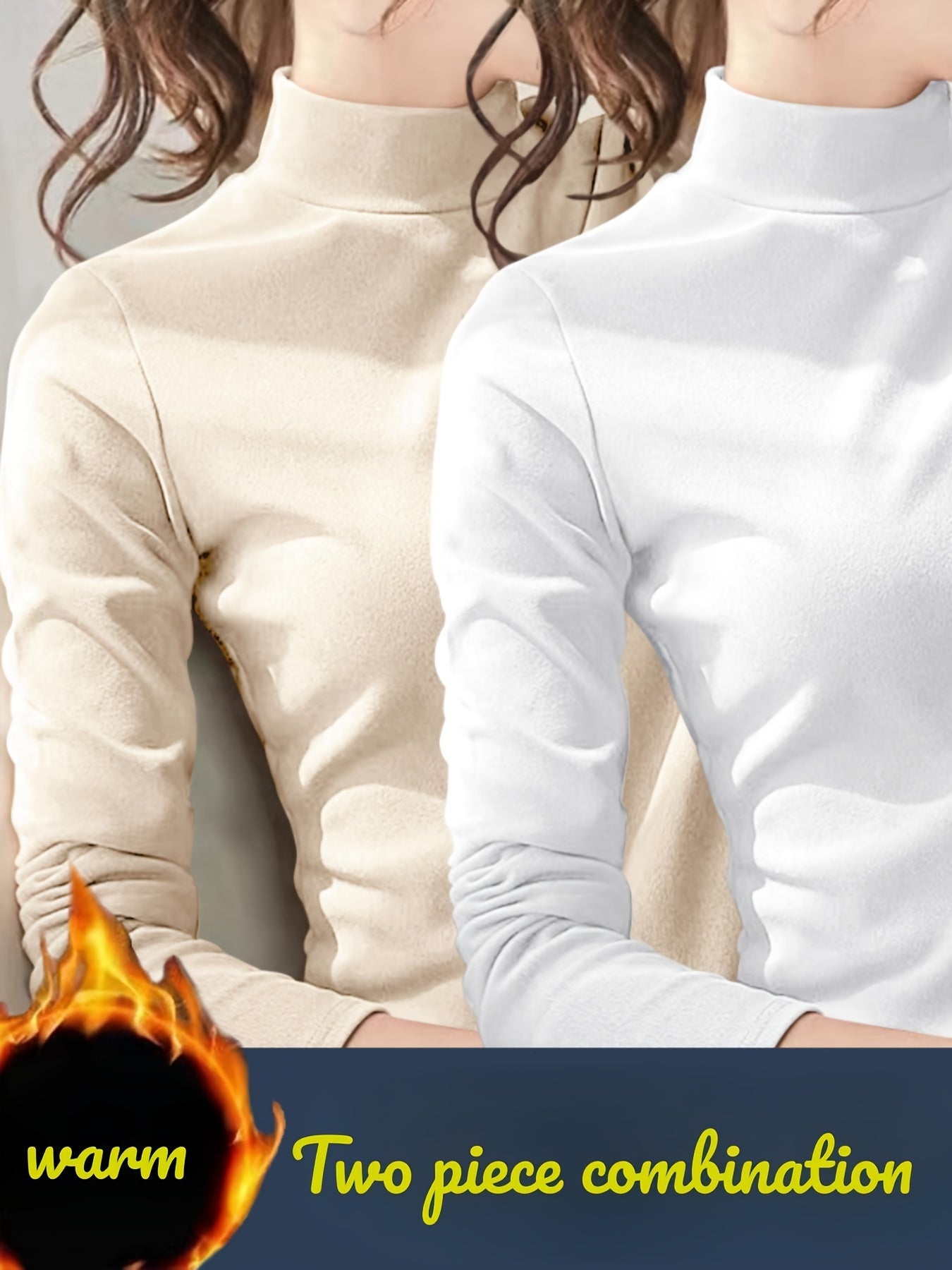 Buy 1 Get 1 Free, total of 2 pcs Soft & Cozy Mock Neck Thermal Long Sleeve Top - Ultra-Comfortable, Stretchy, and Breathable Base Layer for Women - Polyester Knit Fabric, Solid Color, Micro Elasticity, Perfect for Lingerie & Sleepwear