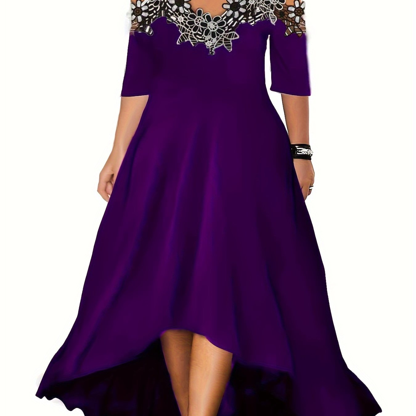 Plus Size Floral Chic V Neck Cold Shoulder Lace Stitching Dress - Elegant Short Sleeve Women's Clothing for Special Occasions - Perfect for Summer, Party, Wedding, and Date Night
