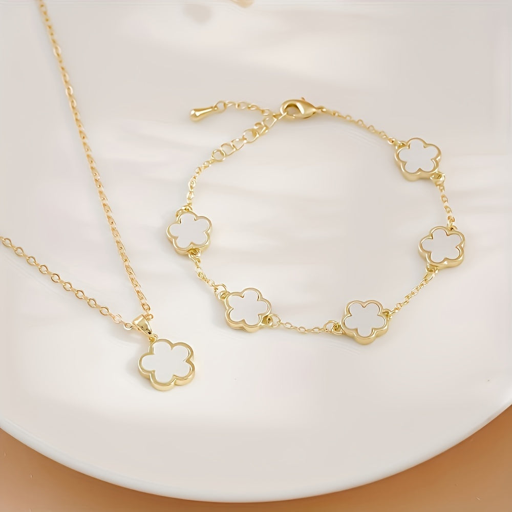 2-Piece Copper Jewelry Set - Gorgeous Five Petal Flower Necklace and Bracelet Combo - Perfect for Dates, Holidays, and Graduation Season Celebrations