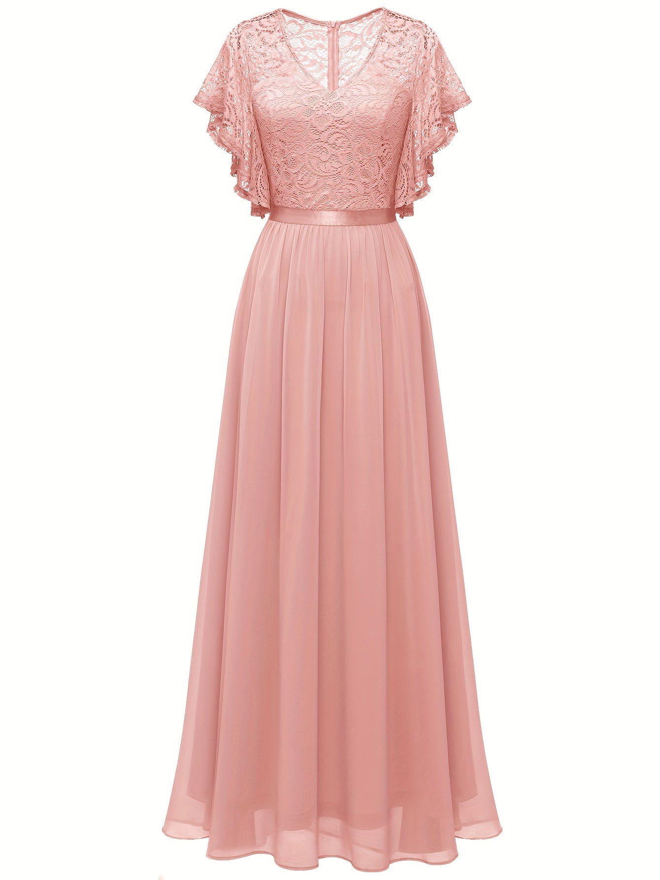 Stunning Lace Splicing V-Neck Bridesmaid Dress - Elegant Ruffle Sleeve, A-Line Floor Length, Perfect for Wedding Party - Womens Formal Clothing for Special Occasions