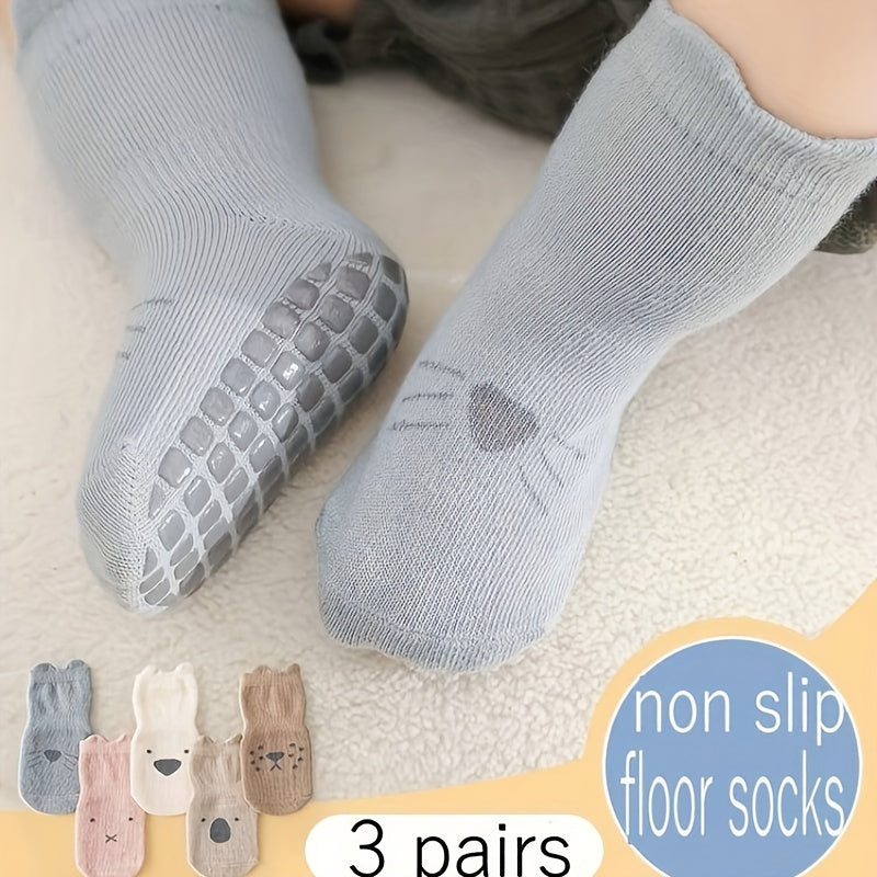 3 Pairs Of Baby Boy's Cute Animals Pattern Crew Socks With Good Grip, Comfy Breathable Thermal Socks, Winter & Autumn