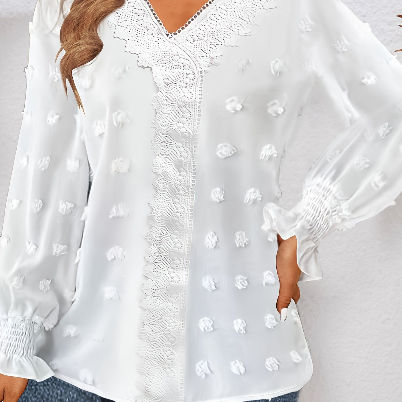 Plus Size Women's V-Neck Blouse - Elegant Swiss Dot & Lace Trim - Flowy Long Sleeve - Ideal for Spring & Fall Fashion