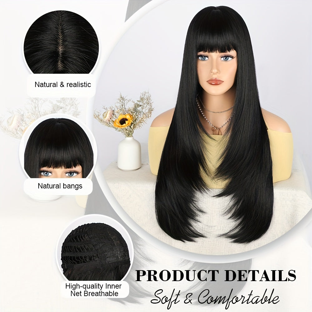28 Inch Long Black Wig with Flattering Bangs - Silky Straight Synthetic Hair for Everyday Glam - Realistic, Easy-to-Style Wigs Designed for Women