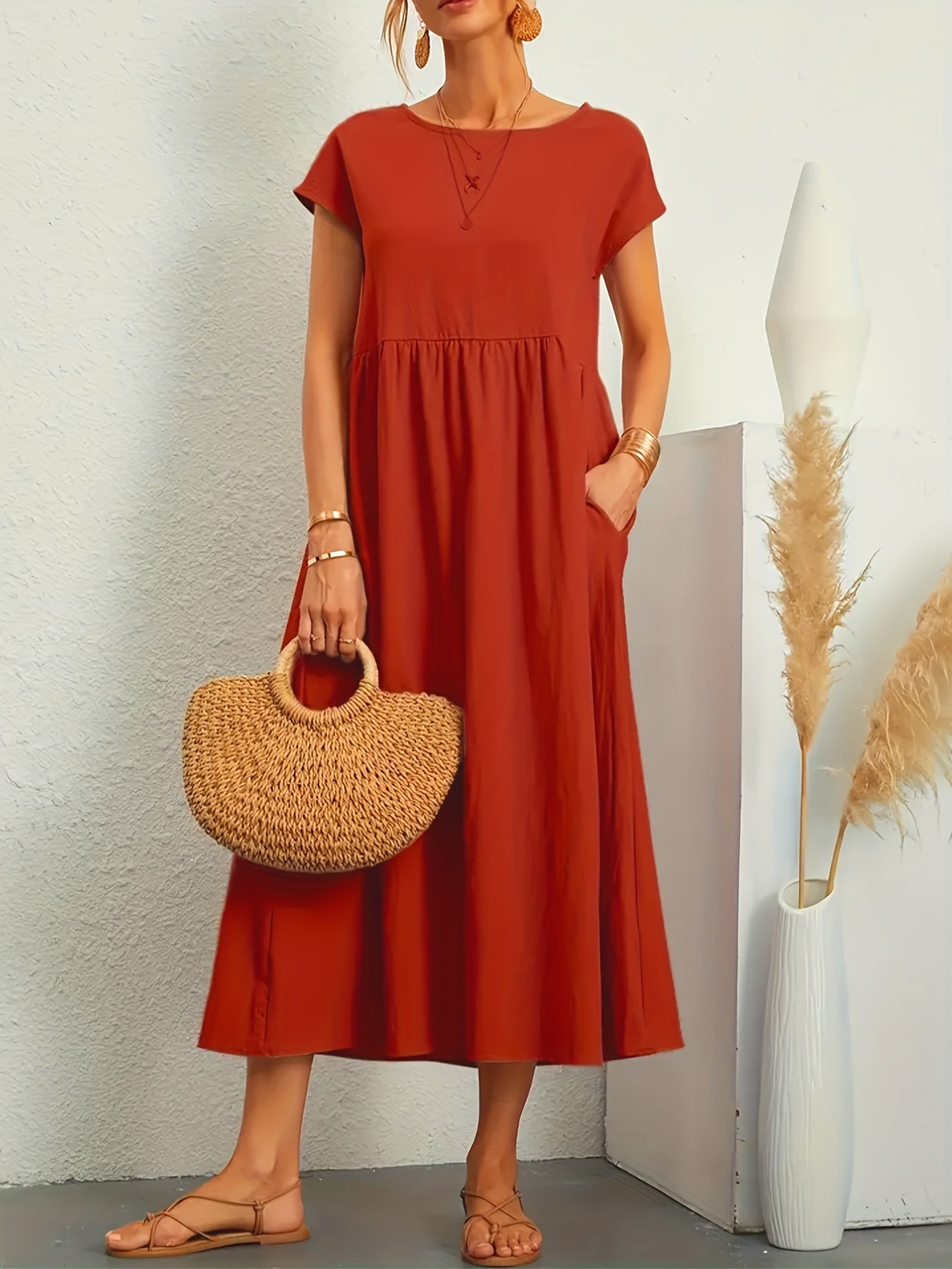 Plus Size Elegant Fit and Flare Crew Neck Dress with Pockets - Soft Medium Stretch Polyester, Solid Color, Short Sleeve, Midi Length, Perfect for Spring and Summer - Womens Casual Comfortable Knit Fabric Clothing