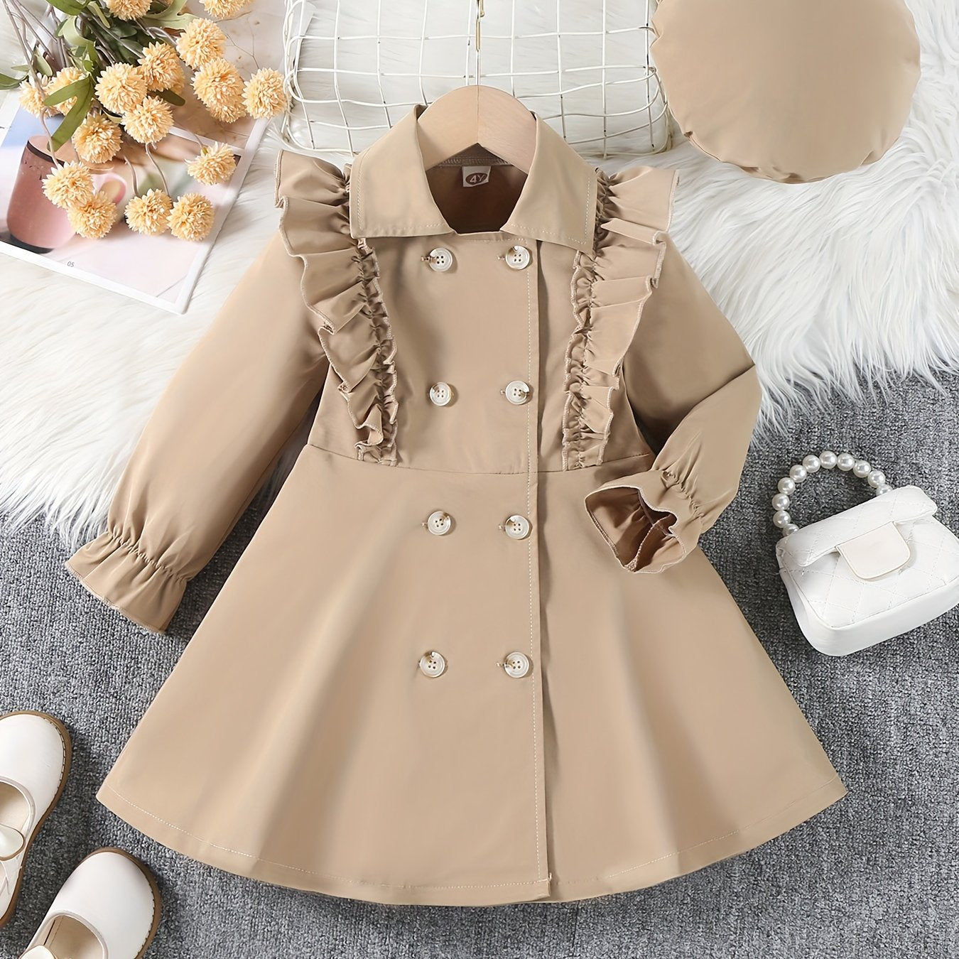 Elegant Flutter Trim Long Sleeve Windbreaker Dress With Beret For Toddler Girls Spring Fall Christmas Gift