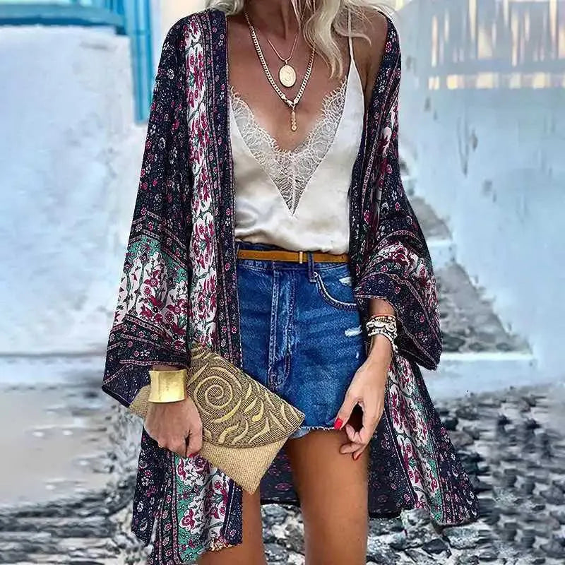 Women's Blouses Shirts Bohemian Printed Cardigan Womens Summer Blouses Kimono Cape ZANZEA Casual Long Slve Floral Blsua Female Open Front Tunic T240510
