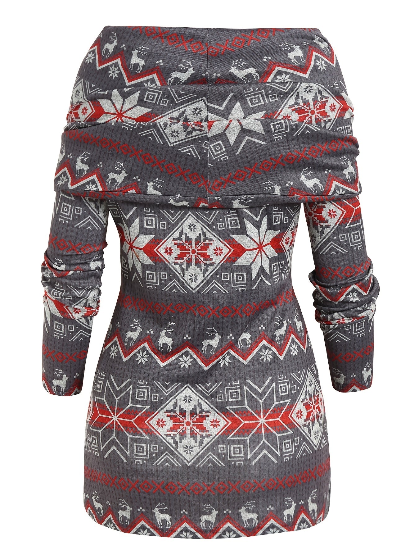 Christmas Pattern Off Shoulder Sweater - Casual, Long Sleeve, Button Front, Asymmetrical, Festive Holiday Wear for Women