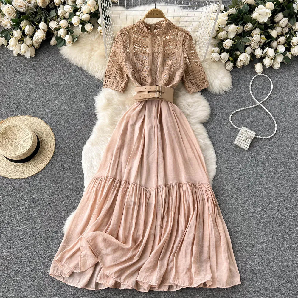 New Summer Elegant Women Stand Collar Long Dress Vintage Female Lace Patchwork Dress Empire Slim Fairy with Belt