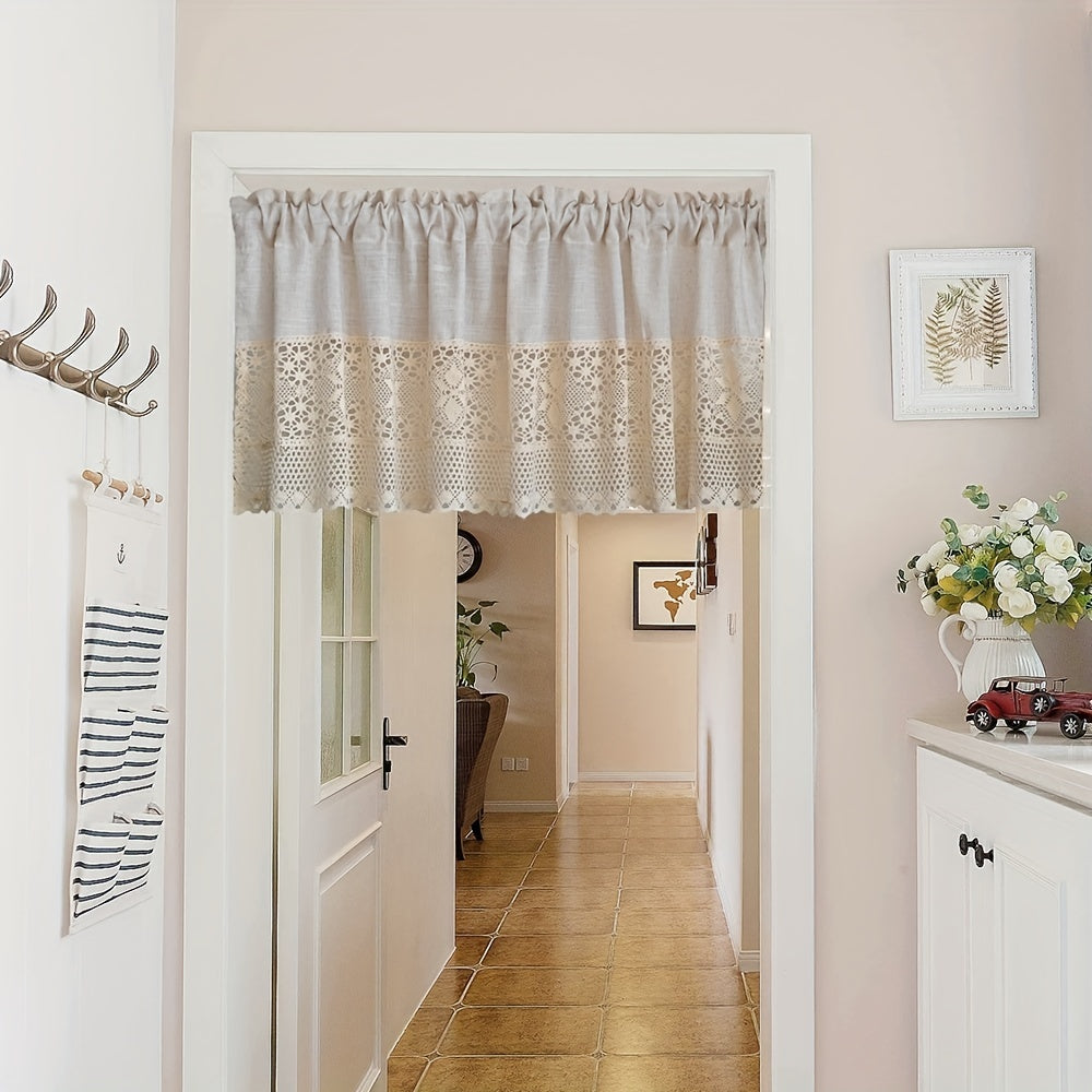 1pc Vintage Half Curtain - Crochet Hollow Short Curtain with Cotton Linen Splicing, Rod Pocket Top, Perfect for Small Window, Restaurant, Kitchen, Cafe, Living Room, Office, and Home Decor