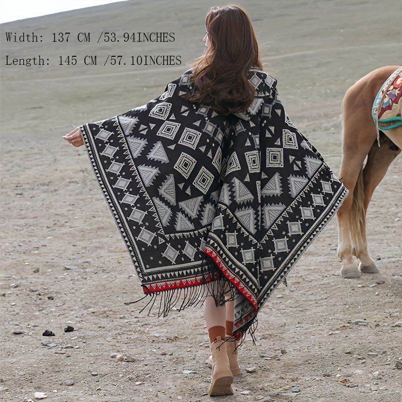 Cozy Oversized Hoodie Scarf Blanket - Stylish Boho Geometric Print with Tassels - Ultra-Soft Warm Cape for Outdoor Adventures, Windproof & Thick Cardigan Shawl