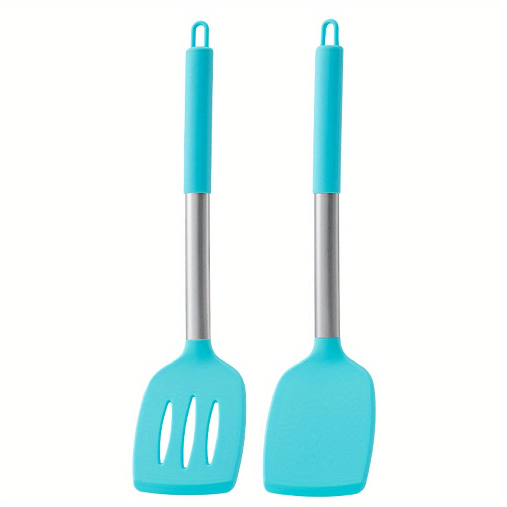 2pcs, Turner, Silicone Solid Spatula, Silicone Slotted Turner, Cooking Spatula, Non-Stick Cooking Turner, Pancakes Frying Pan Shovel, Cooking Utensils, Kitchen Utensils, Apartment Essentials, College Dorm Essentials, Tools