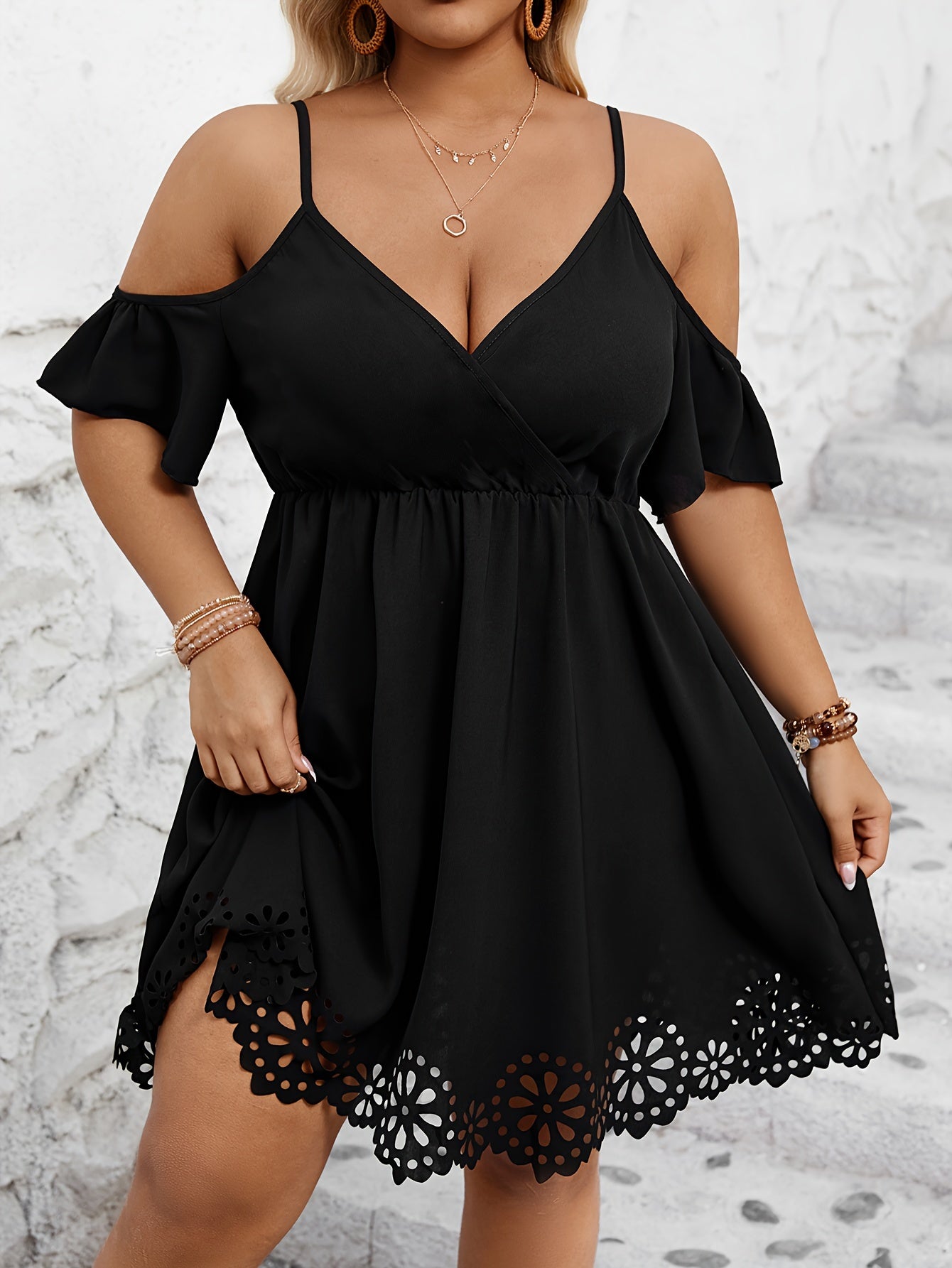 Plus Size Cutout Dress - Dramatic Cutout Trim, Cold Shoulder, Short Sleeve, Elegant Style - Perfect for Spring and Summer, Plus Size Womens Clothing