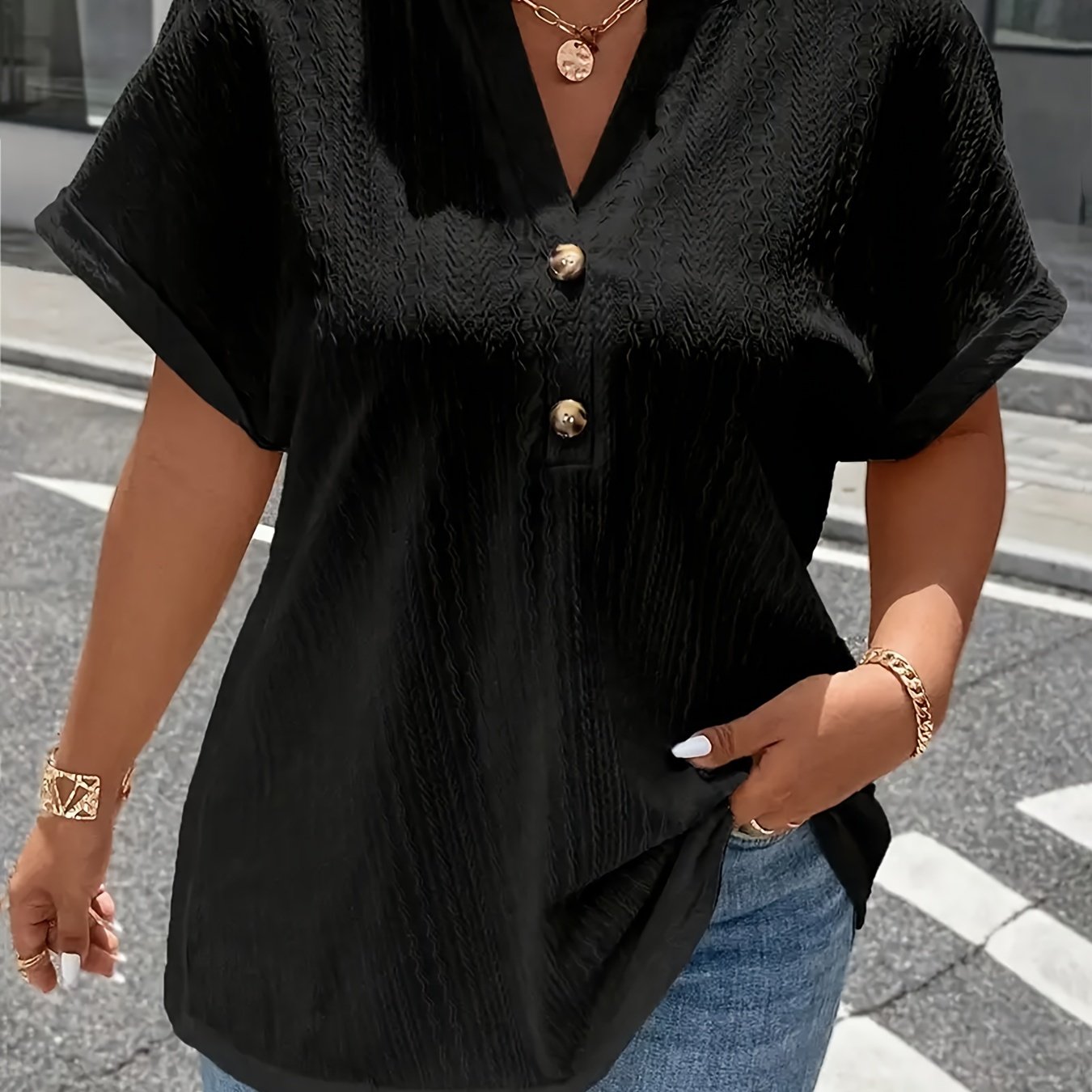 ZllKl Plus Size Simple Solid Blouse, Casual V Neck Short Sleeve Blouse For Spring & Summer, Women's Plus Size Clothing