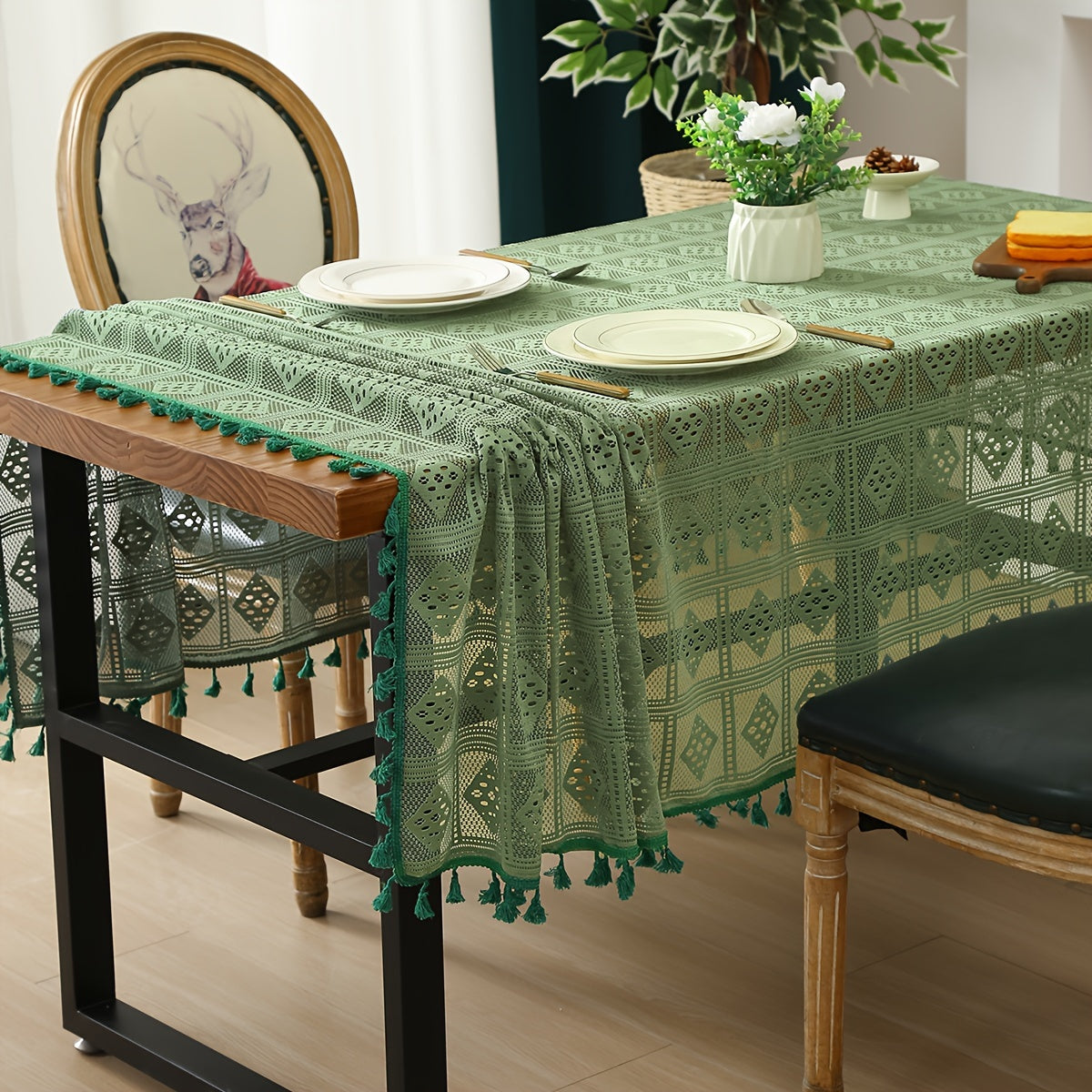 1pc Beige Linen Cotton Blend Crochet Tablecloth with Tassel - Tablecloths - Rustic American Pastoral Style Decor for Picnic, Holiday Party, and Home - Easy Care and Durable