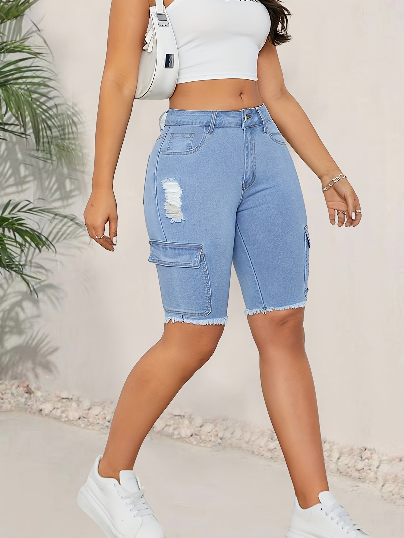 ZllKl Women's High-Waist Elastic Denim Bermuda Shorts, Blue Fashion Utility Pocket, Street Style, Frayed Hem