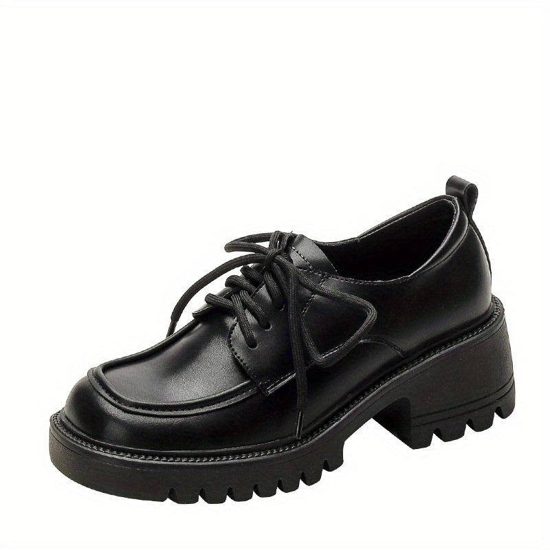 Stylish Womens Square Toe Platform Oxfords - Non Slip Rubber Soles, All-Match Black Lace Up Shoes with Man Made Materials and Comfortable Insoles for Spring Season