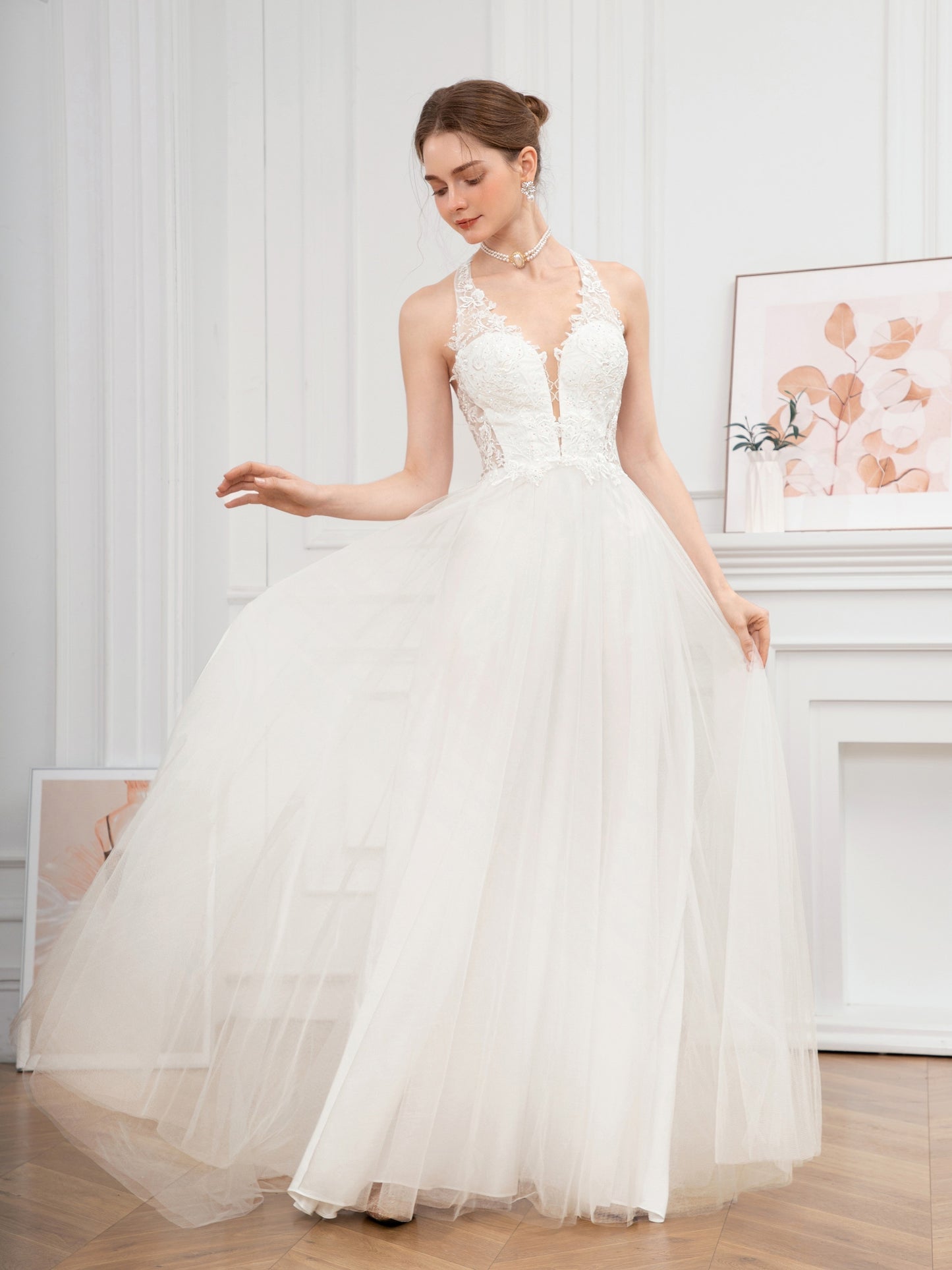 Long Embroidered Guipure Lace Halter Neck Formal Dress - Elegant Backless Ball Gown with Cross Strape Detail, Semi-Sheer Mesh Fabric, Flared Hem, and Chest Pad - Perfect for Wedding Party, Hand Wash Only