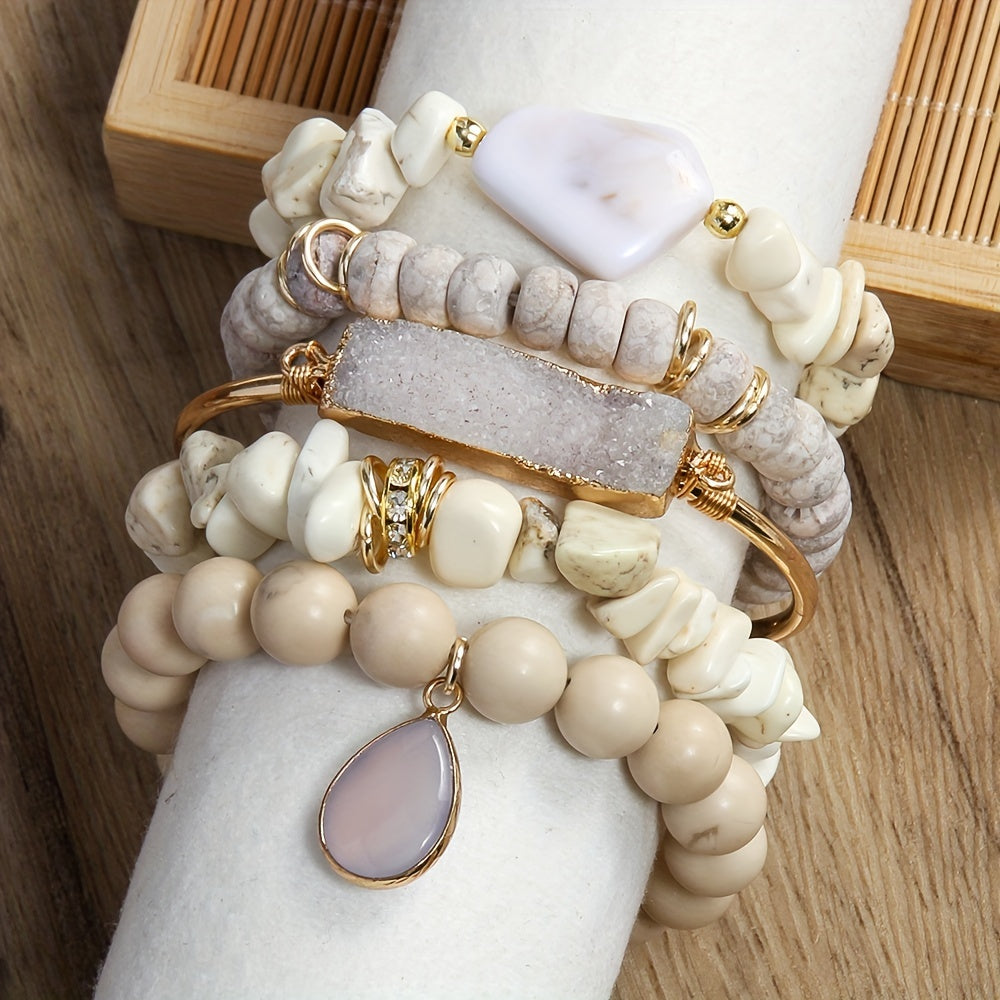 5pc Vintage Charm Boho Beaded Bracelet Set - Effortless Stackable, Elastic Stretch, Handmade Jewelry for Bohemian Style Enthusiasts