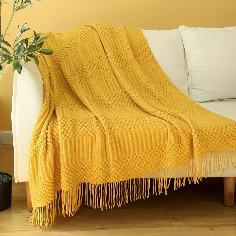 1pc Soft & Cozy Textured Knitted Throw Blanket - Perfect for Sofa and Couch Decor - Green and Tan Color Combination - Decorative Accent for Living Room - Soft Brushed Fabric - Easy Care