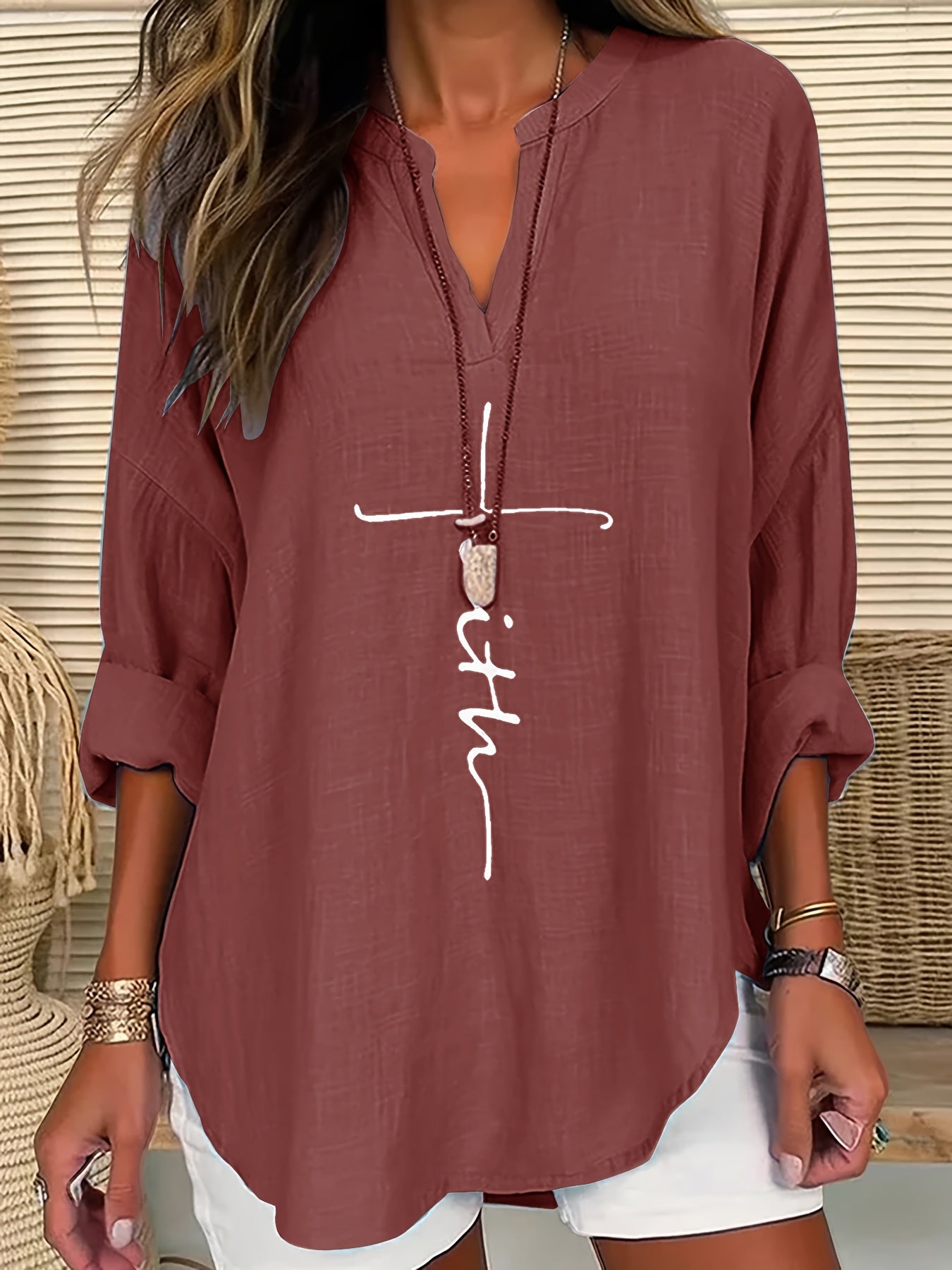 ZllKl Letter Print Notch Neck Blouse, Casual Long Sleeve Blouse For Spring & Fall, Women's Clothing