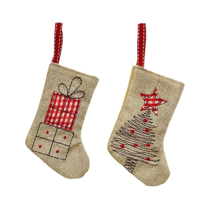 1pc, Burlap Embroidery Christmas Stocking, Christmas Tree Hanging, Christmas Ornaments, Holiday Accessory, Birthday Party Supplies, Room Decor, Christmas Gifts, Home Decor, Scene Decor