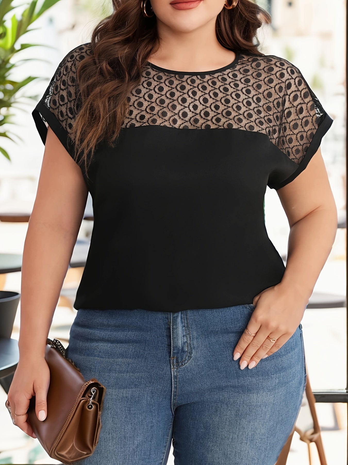 Plus Size Elegant Batwing Sleeve Crew Neck Blouse - Contrast Lace Stitching, Slight Stretch Polyester, Weekend Casual Solid Color Top for Spring & Summer - Elegant Womens Clothing for All Seasons
