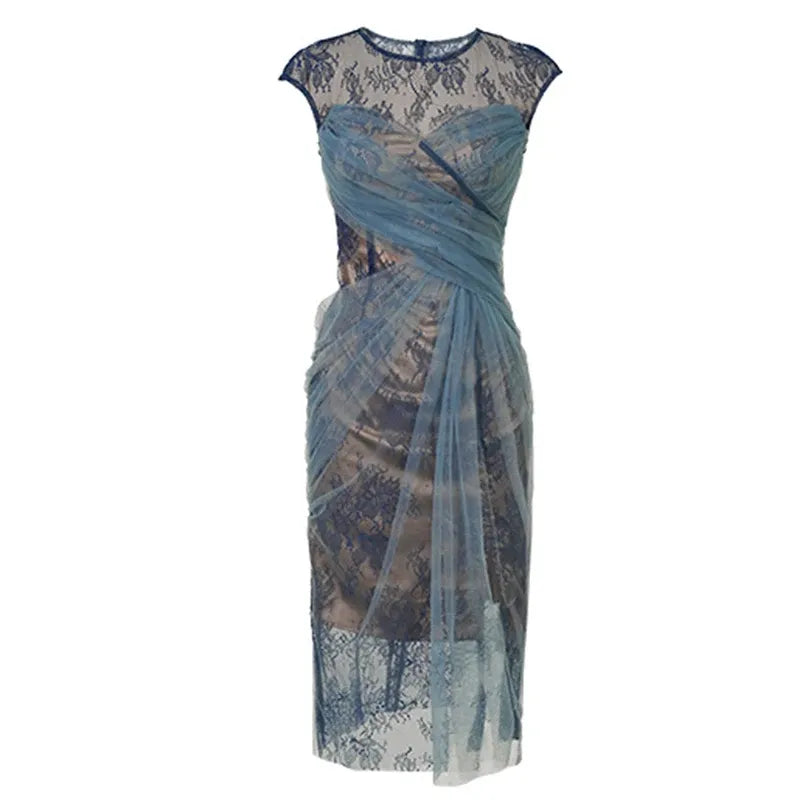 Basic Casual Dresses Women Fashion French Retro Maxi Dress Woman Sheer Mesh Lace Embroidery Skinny Robe Party Vestidos Prom Banquet Gown Femme