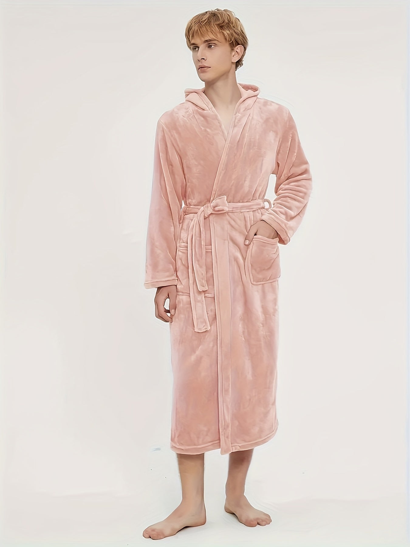 Men's Casual Nightgown, Soft And Comfortable Hooded Robes Full Length With Pockets, New , Plain Hooded Flannel