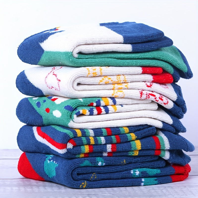 5pcs Boys' Cozy Fleece-Lined Socks - Warm, Thick Winter & Fall Crew Socks with Dinosaur Designs