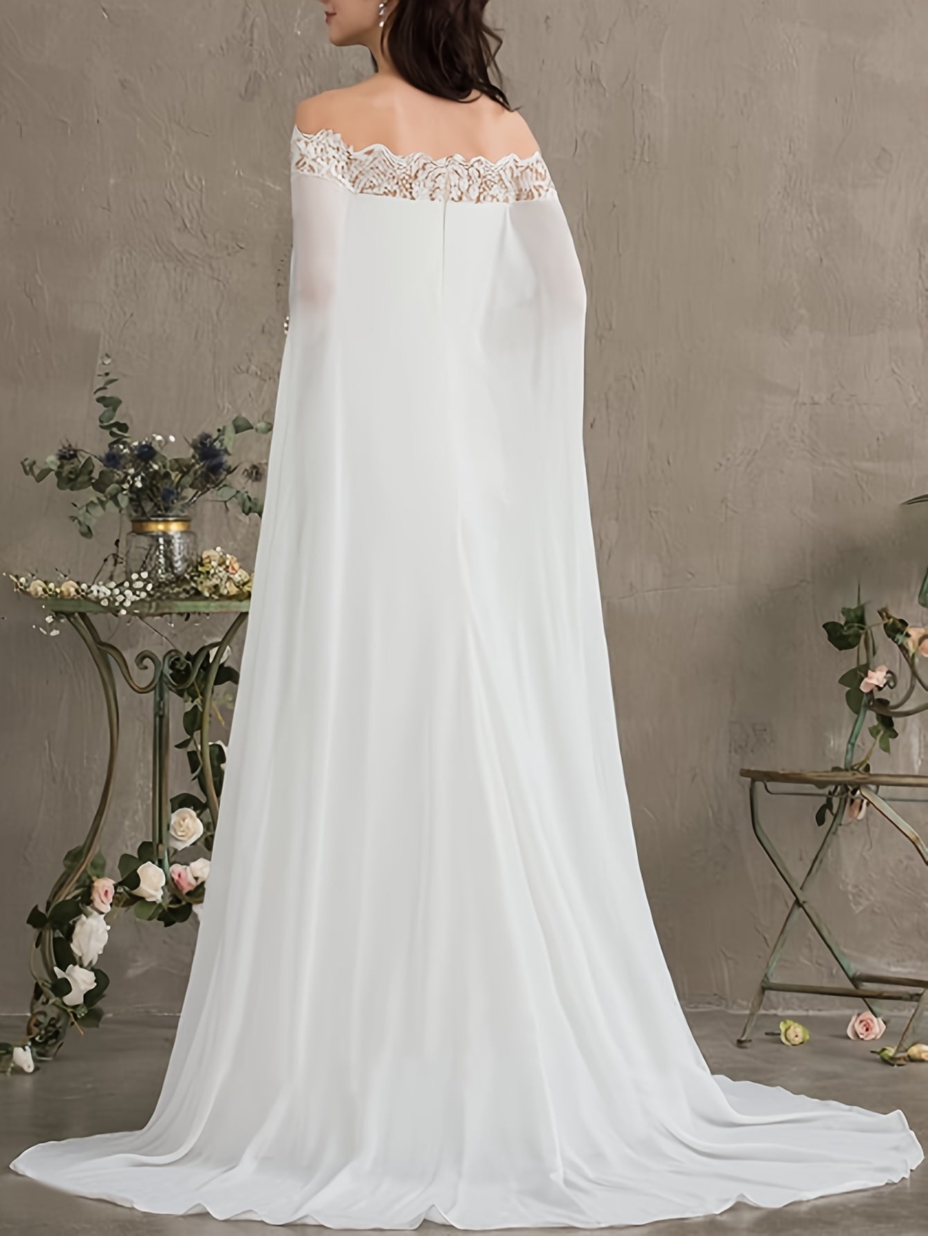 Long Length Off the Shoulder Bodycon Wedding Dress - Elegant Solid Contrast Lace Cape Design, Micro Elasticity Mesh Fabric, Pleated Hem, Chest Pad, Spring/Summer/Fall Season - Womens Elegant Occasion Dress for Wedding/Evening/Engagement/Ceremony