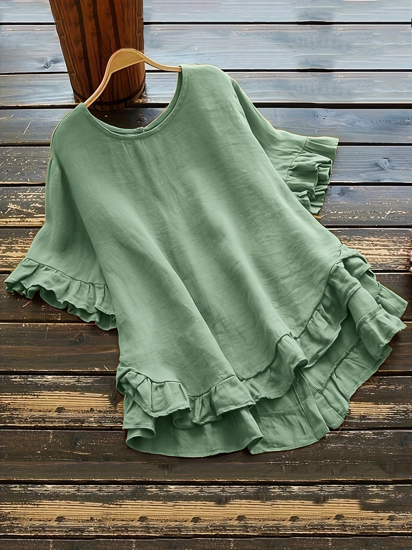 ZllKl Solid Button Back Ruffled Trim Blouse, Casual Short Sleeve Blouse For Spring & Summer, Women's Clothing