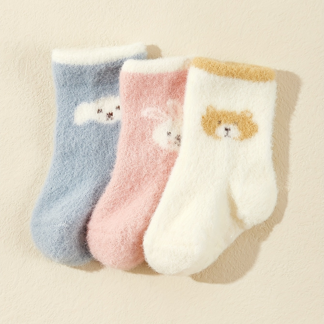 3pairs Baby Girls Cute Cartoon Rabbit Bear Dog Plush Non-slip Floor Socks Soft Comfortable Thermal Breathable Socks For Autumn And Winter