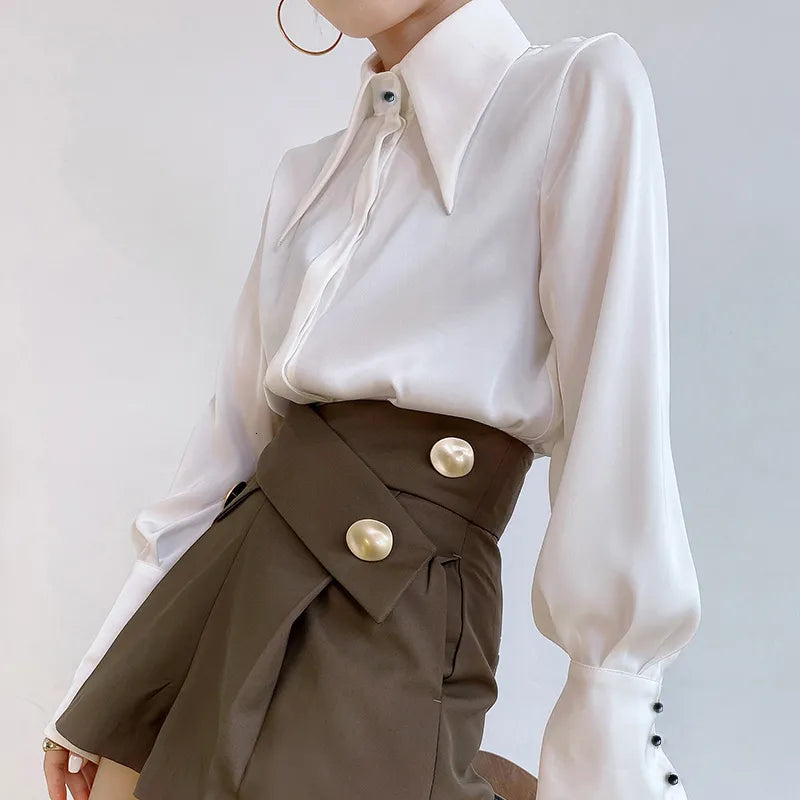 Women's Blouses Shirts Autumn Vintage Satin Silk Women Shirt Elegant Turn Down Collar Woman Blouse White Long Sleeve Ladies Tops Blusas 16946 230111