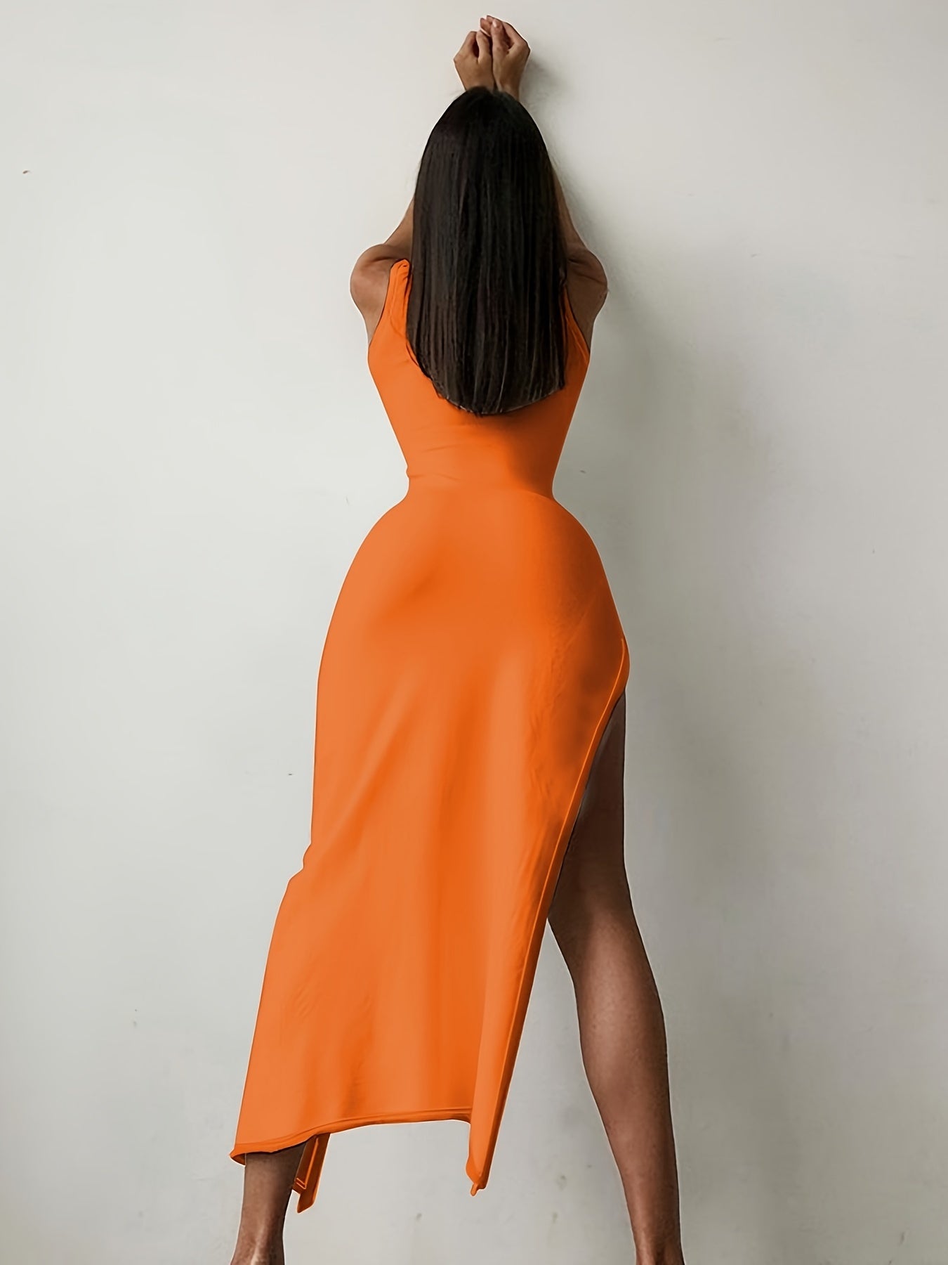 Elegant High-Neck Bodycon Dress: Chic Midi with Thigh Split, Perfect Spring & Summer Wear for Timeless Allure